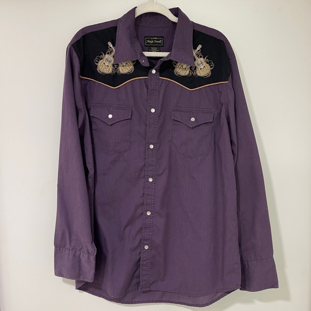 High Noon Western Shirt Mens L Purple Pearl Snap Guitar Embroidered Cotton Blend